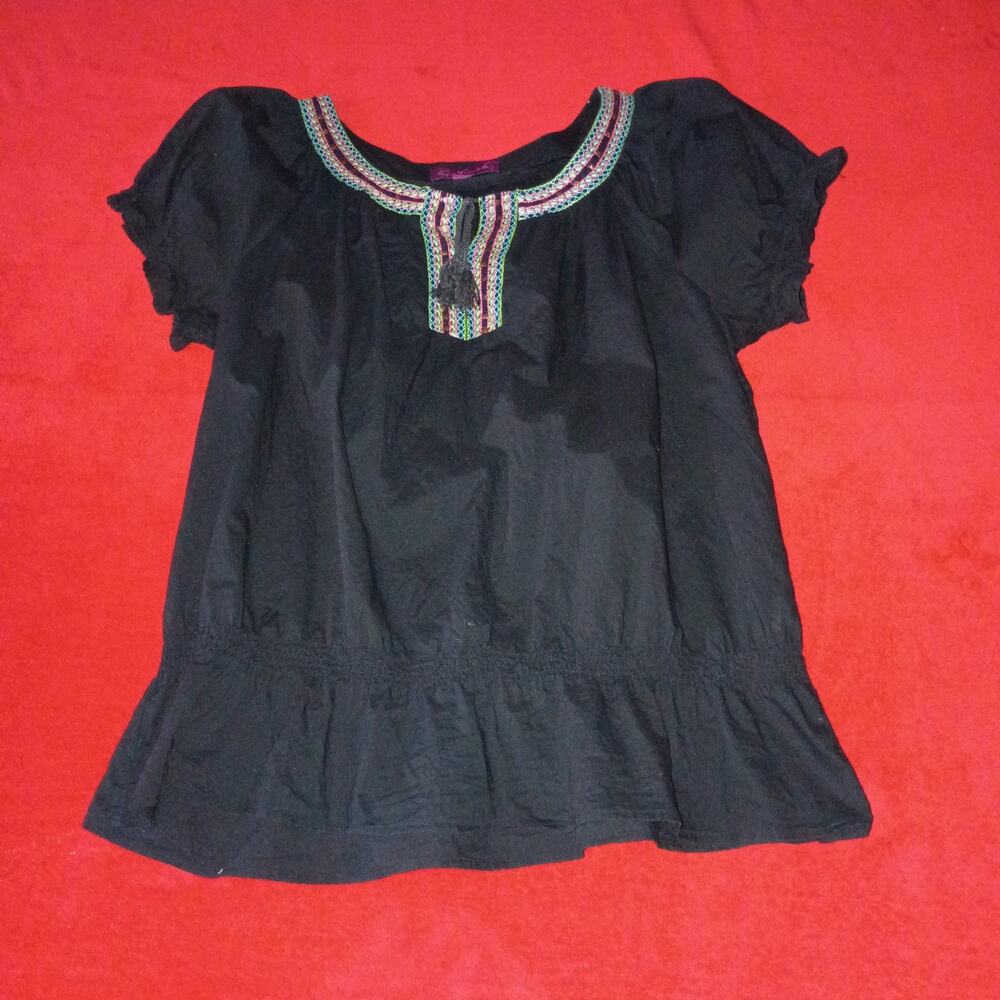 Boho Western Plus Embroidered Black Top Women 2X 100% Cotton Dark Cottagecore